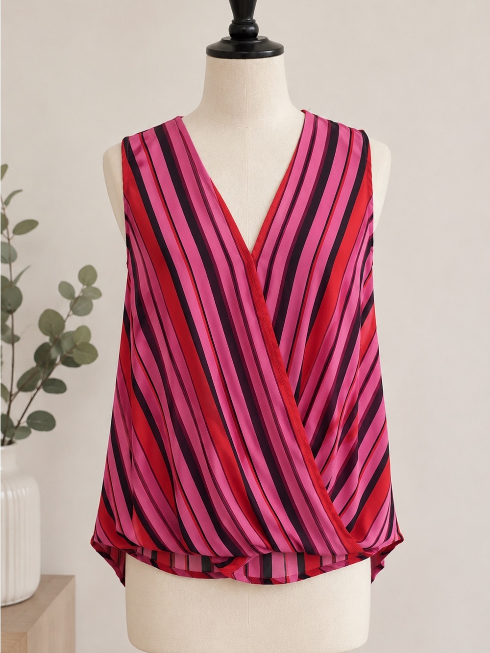 Women's Pink and Red Striped Wrap Top